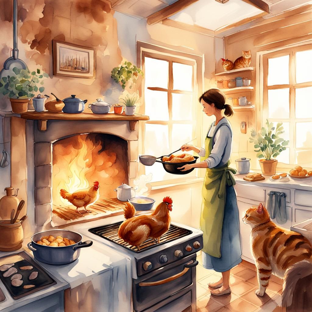 Cozy Kitchen Scene: Woman Roasting Chicken in Watercolor
