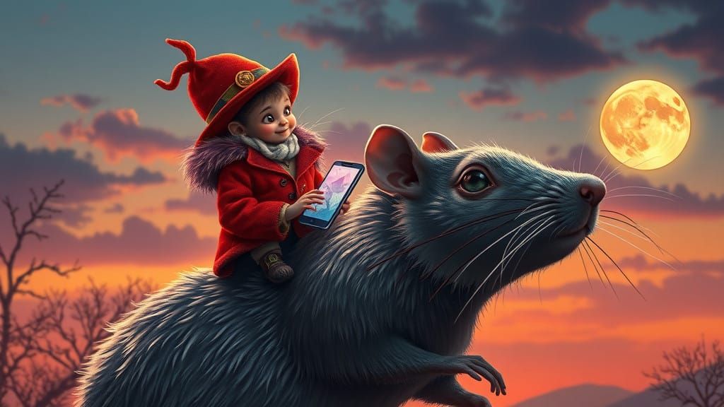 Whimsical Krasnoludek on a Moonlit Rat, in Art Nouveau Style