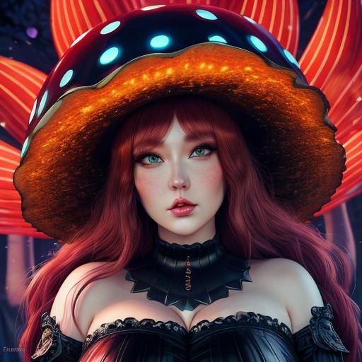 Kawaii Mushroom Woman in Magic Forest, Hyperrealistic Art