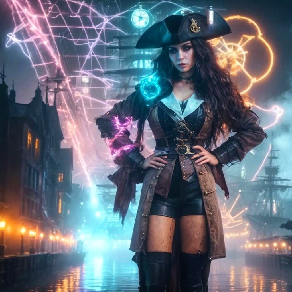Steampunk Pirate in Foggy Cityscape