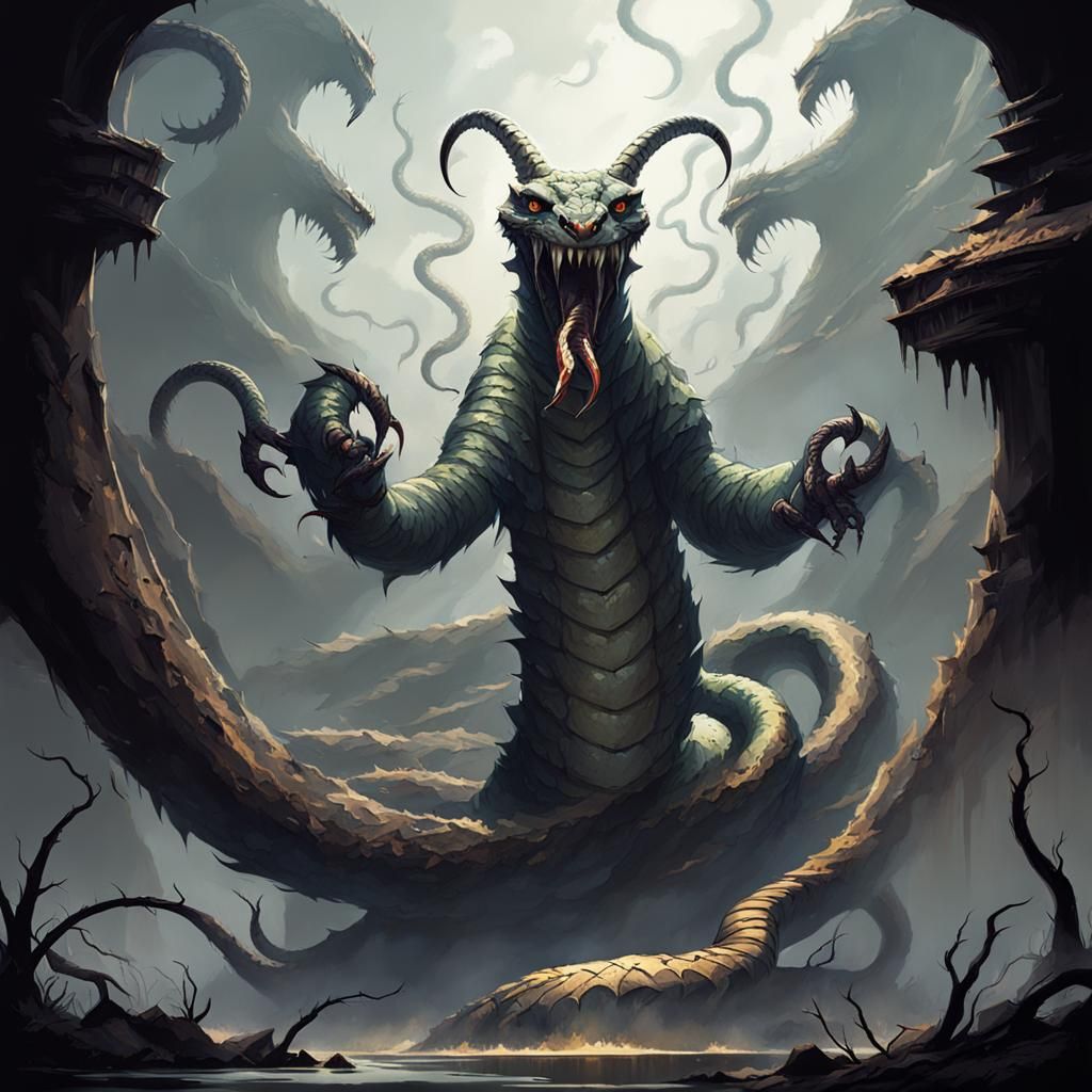 Sinister Horned Snake Monster with Sharp Nails