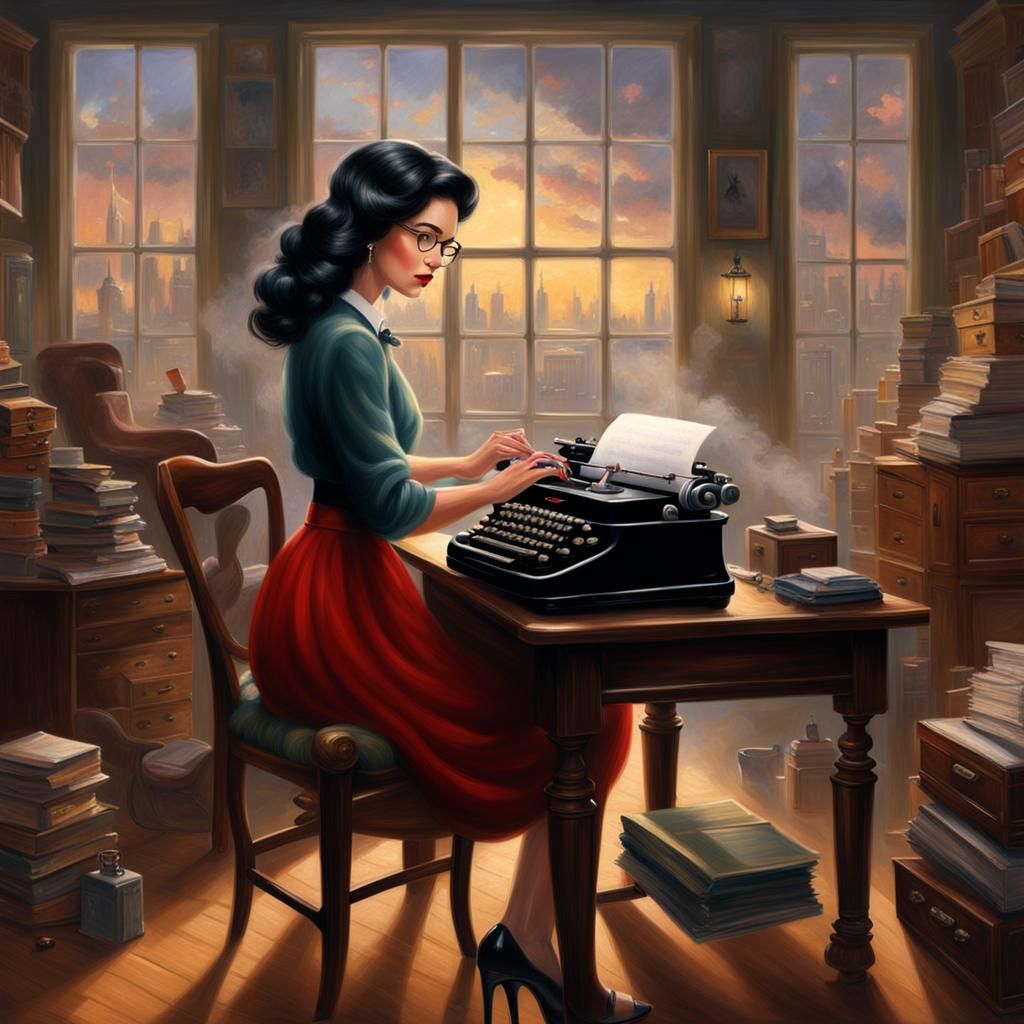 Secretary with Red Lips Typing, Ethereal Fantasy Style