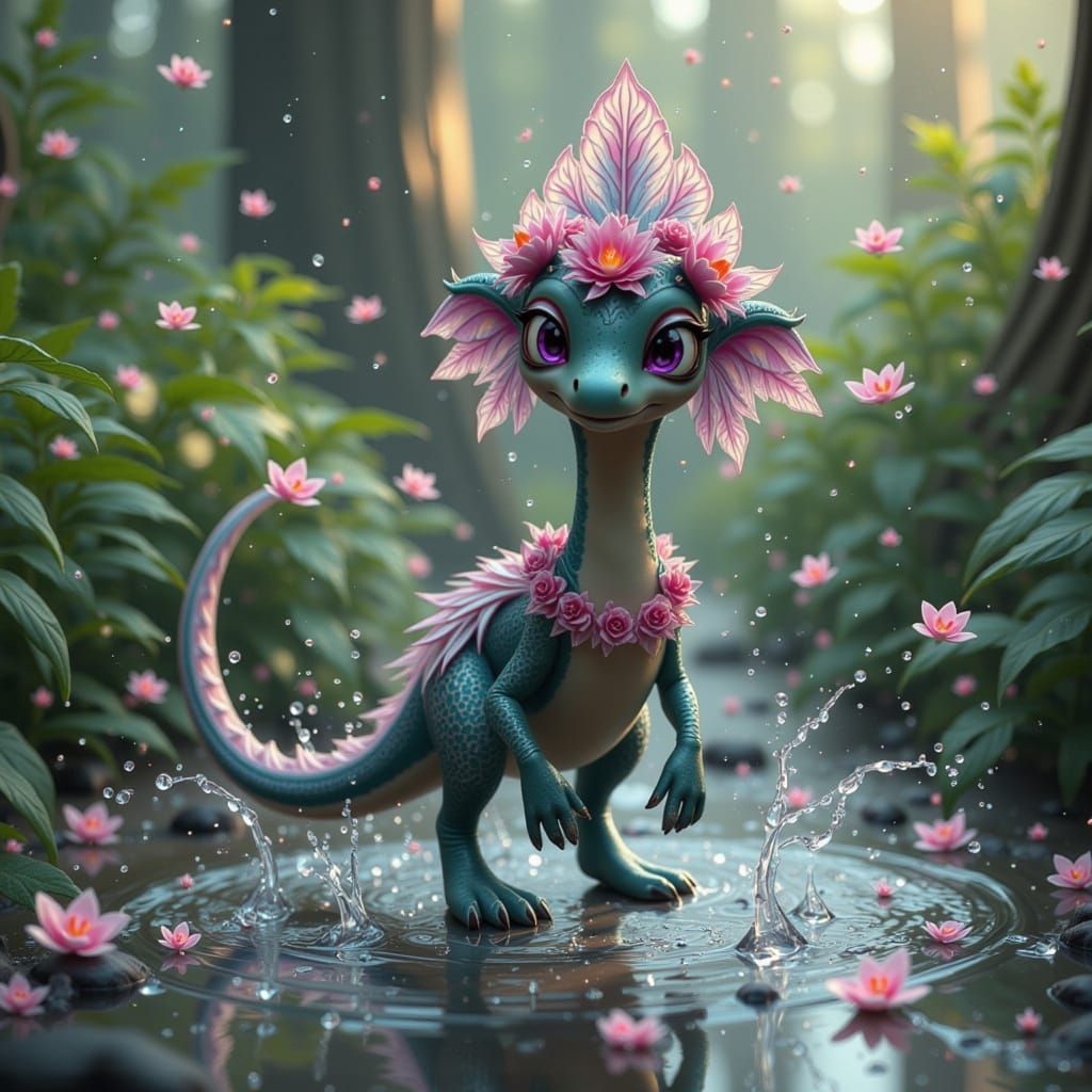 Whimsical Baby Diplodocus Dino Hybrid in Dreamy Forest