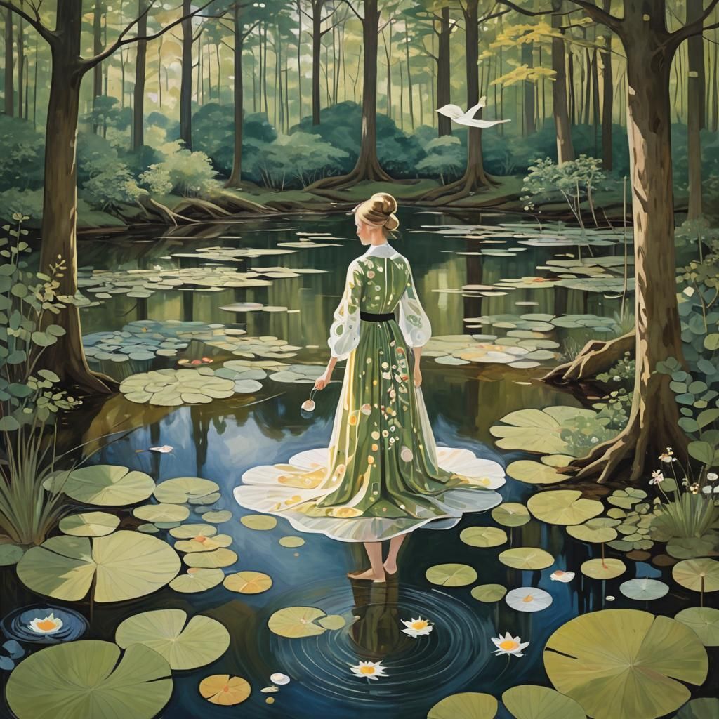 Woman at Woodland Pond in Abstract Style