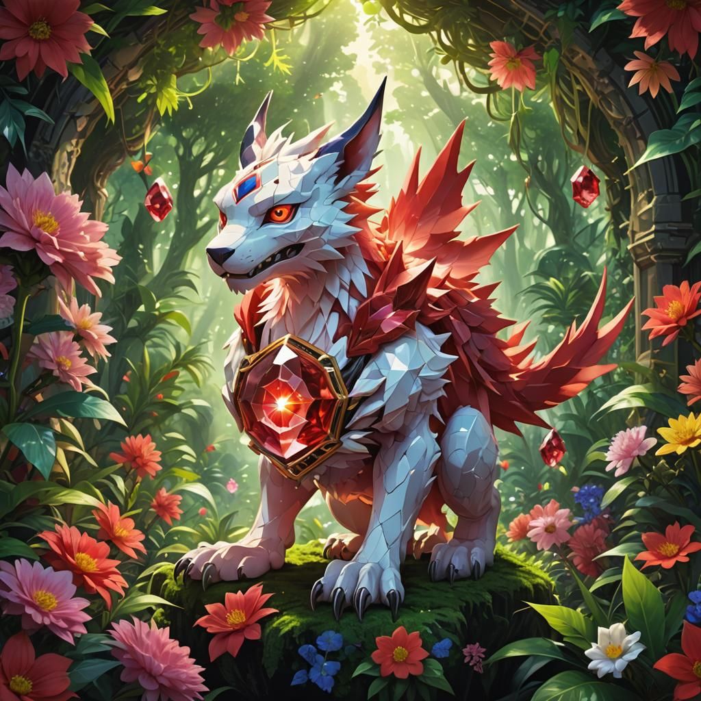 Surreal Digimon Holds Scarlet Gem in Lush Nature Scene