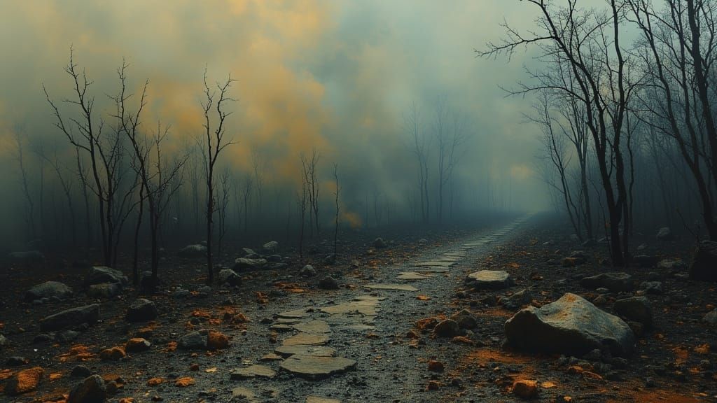 Charred Forest Landscape in Dark Oil Paint Style