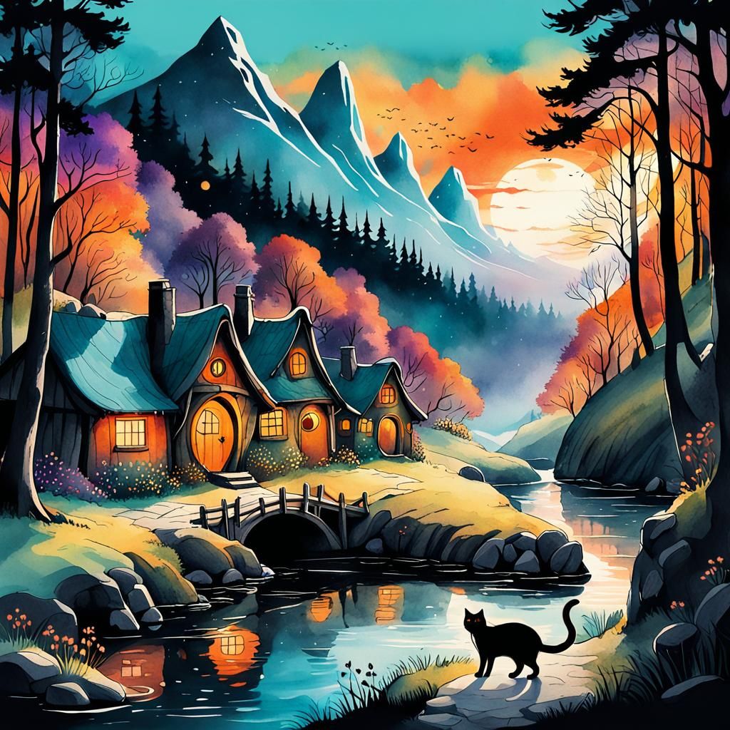 Hobbit Village: A Spring Sunset Illustration