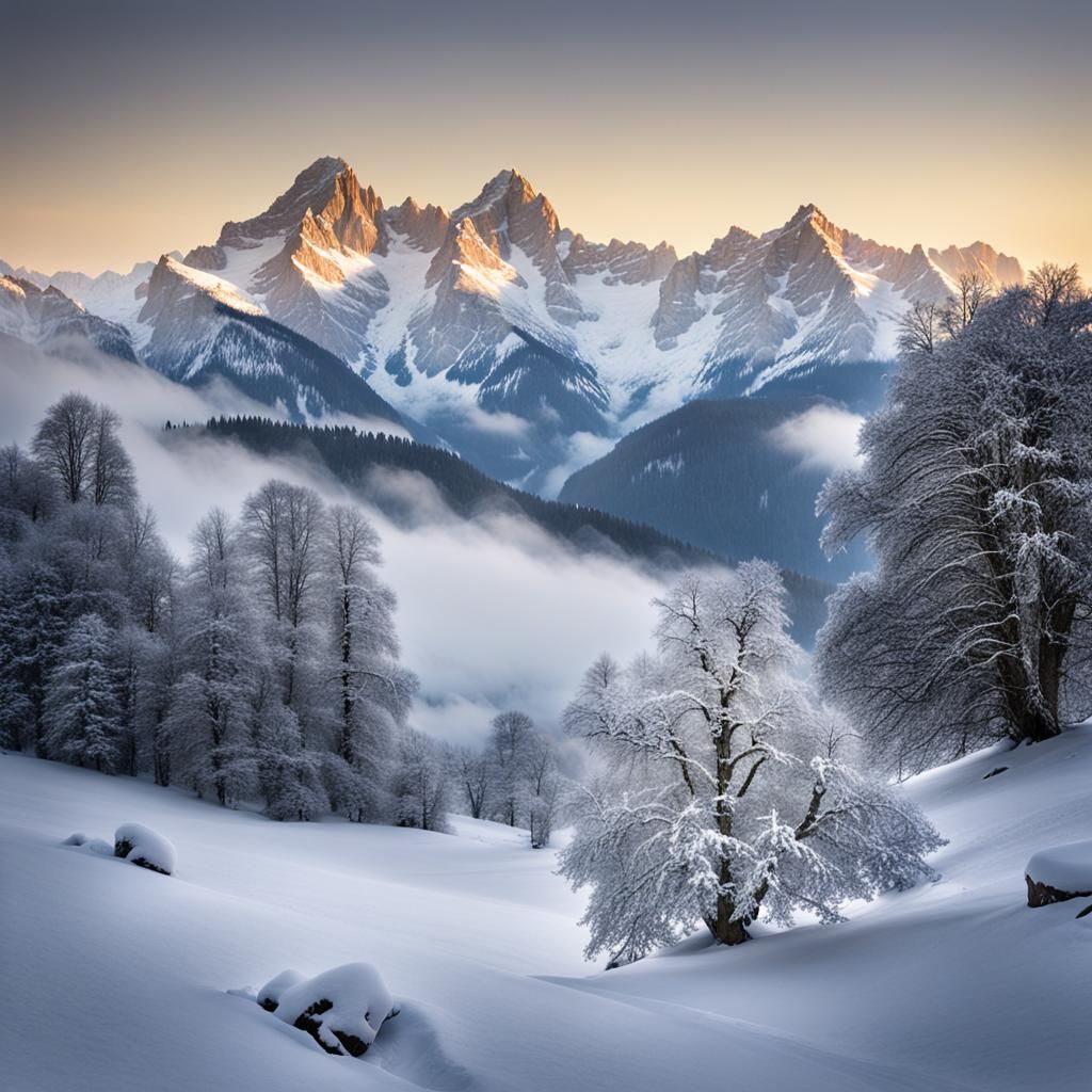 Sunlit Swiss Alps in Snow and Mist