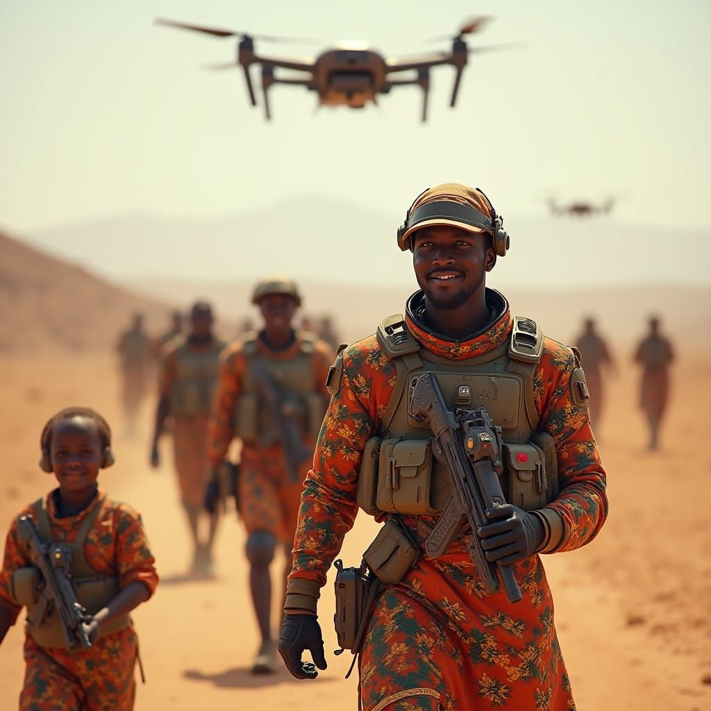 Afrofuturist Soldiers Patrol Futuristic African Desert
