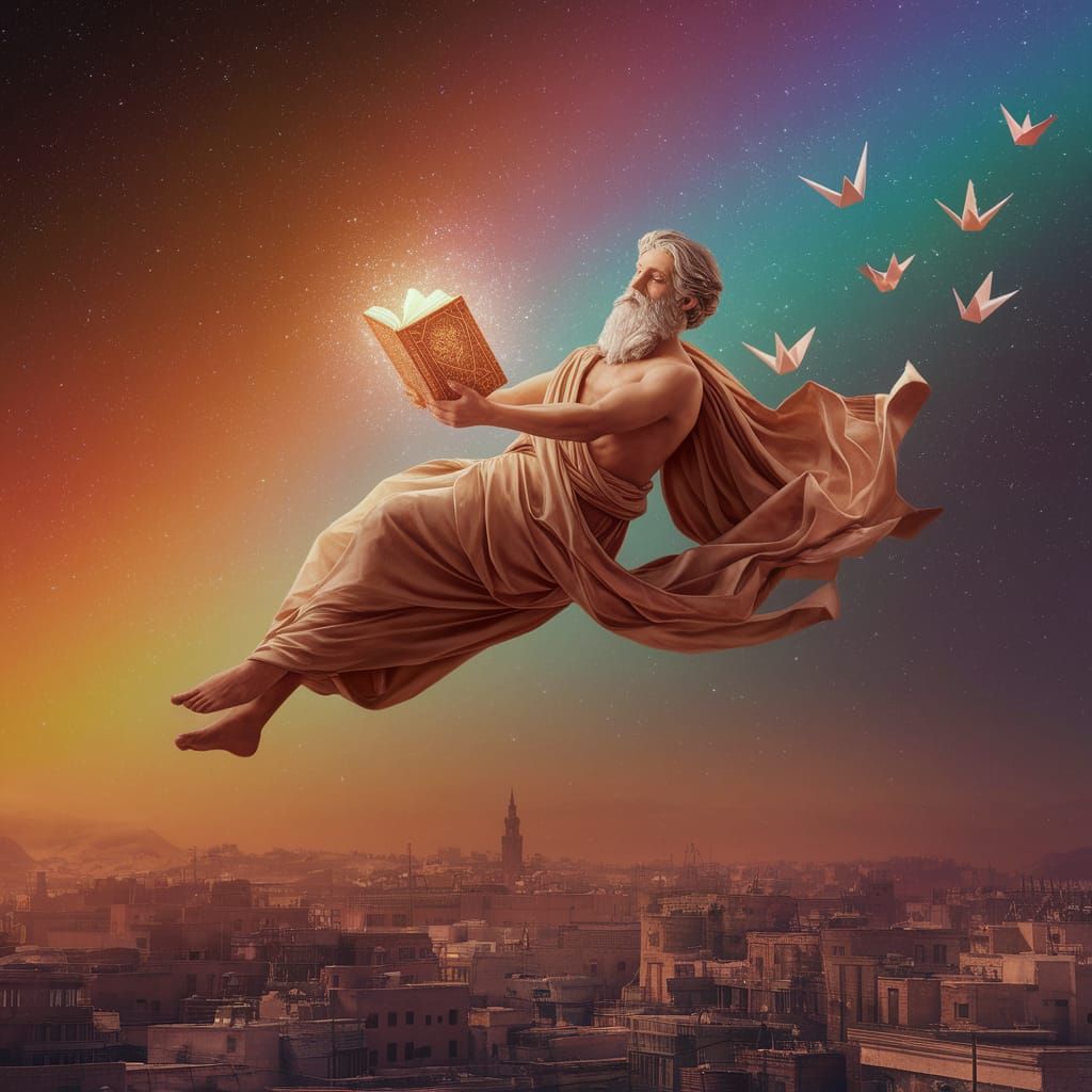 Celestial Muse Levitates Over Ancient City