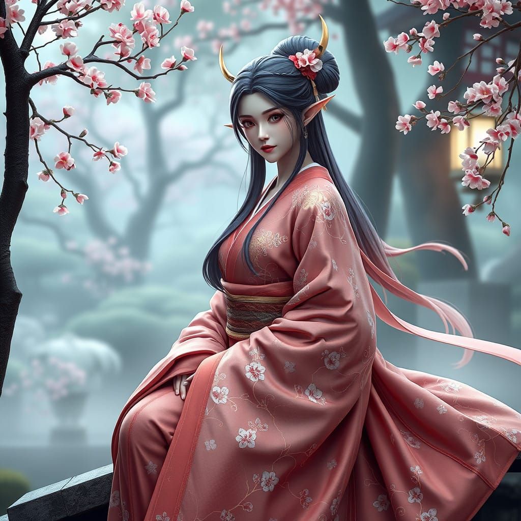 Ethereal High Elf Maiden in Kimono, Amidst Misty Japanese Ga...