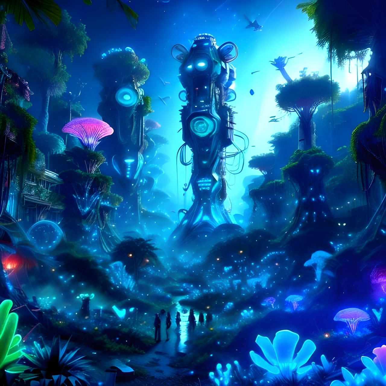 Astronauts in Cyberpunk Mining Town with Neon Bioluminescenc...