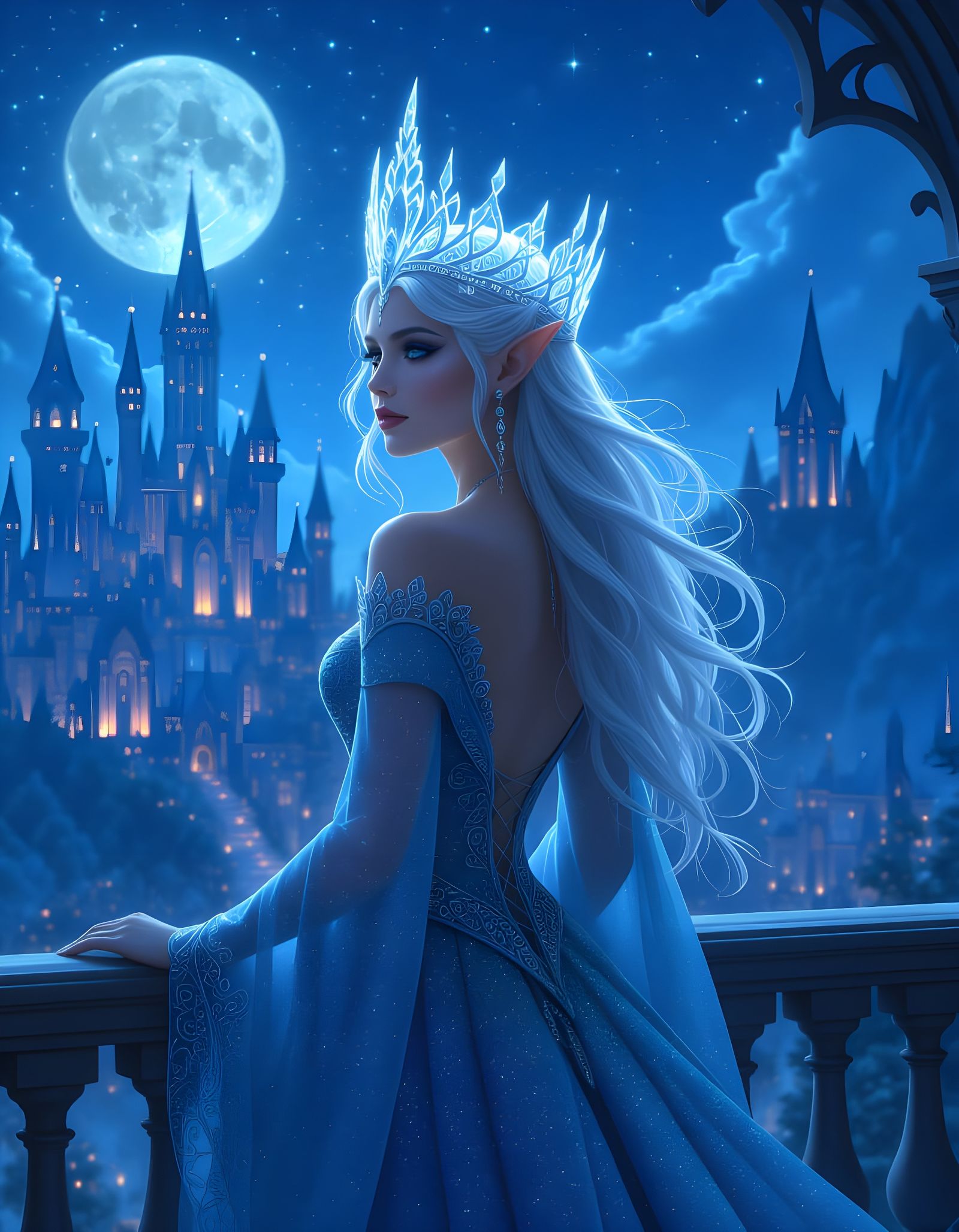 Elven Queen with Glowing Crown Over Enchanted City