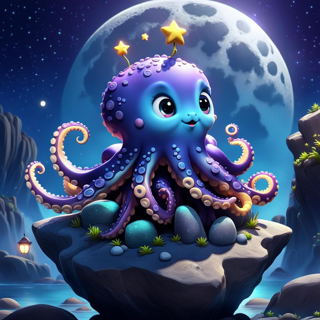 Cartoon Octopus Seal Hybrid with Glowing Wings