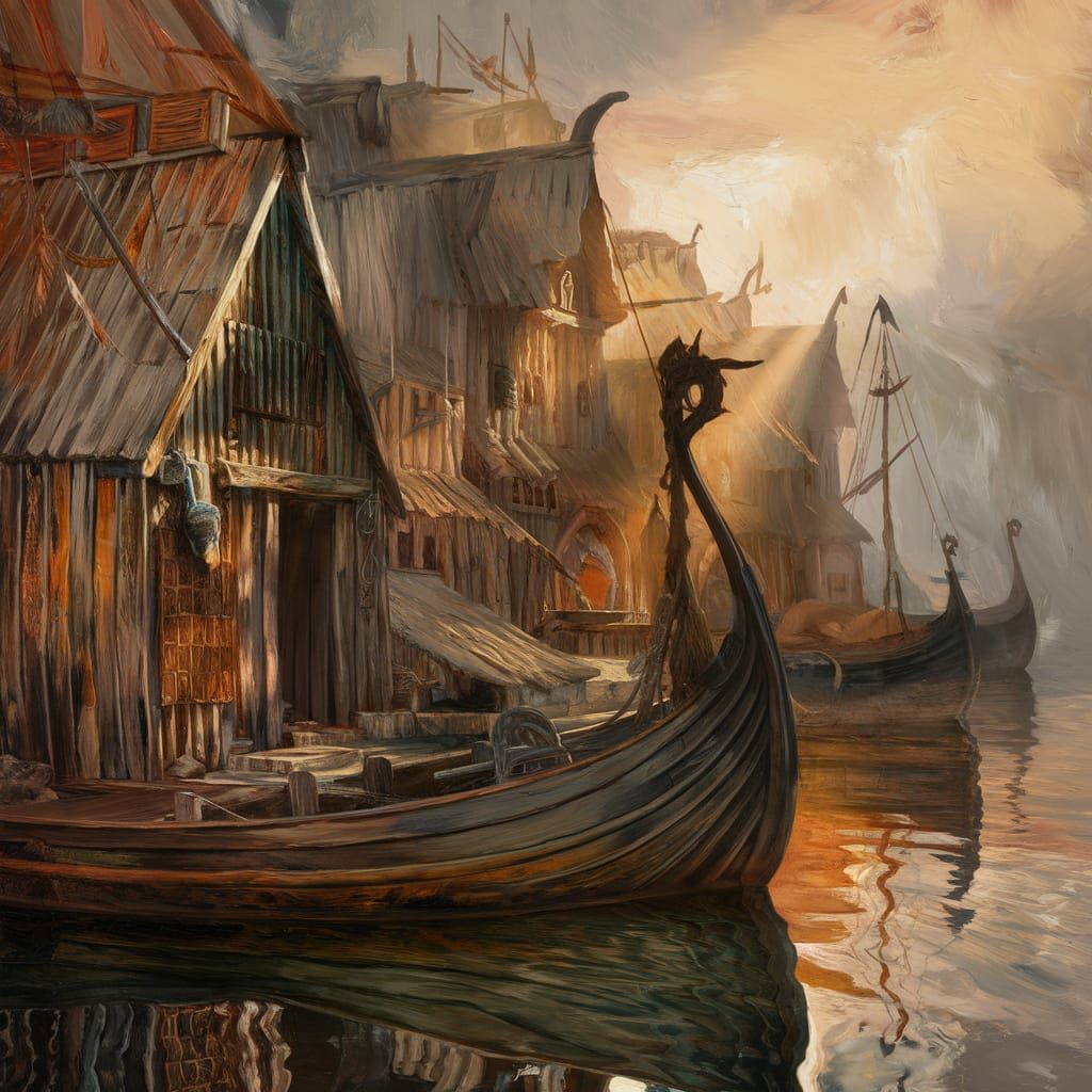 Viking Harbor in Chiaroscuro Oil Painting