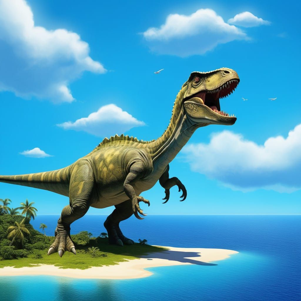 Dino Soars Above a Tropical Island