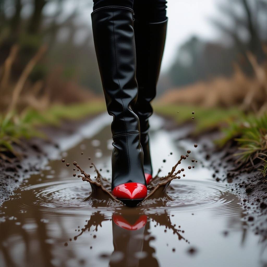 Sleek Stiletto Boots Stomp Through Muddy Puddle
