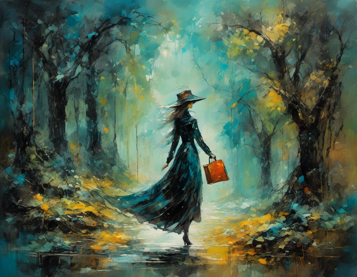 Woman Lost in Bioluminescent Forest, Impressionist Gouache