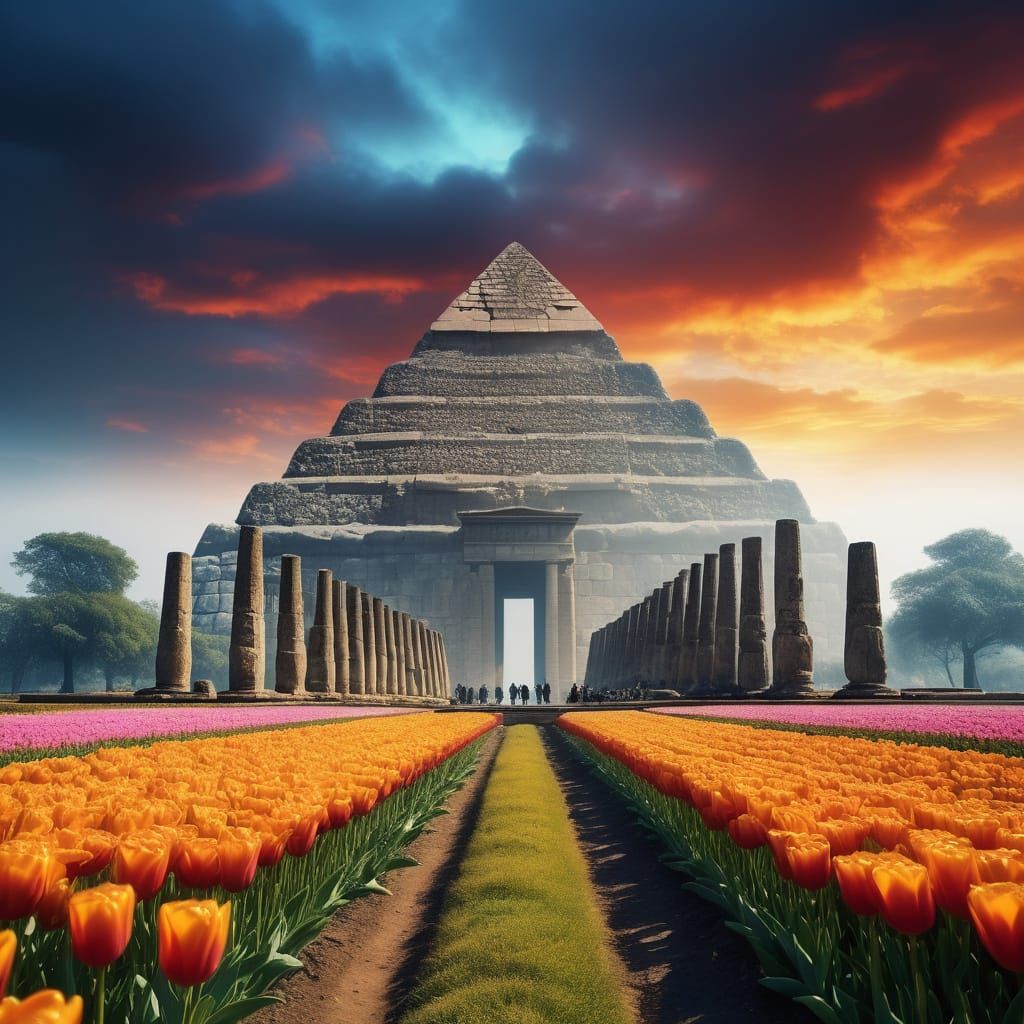 Tulips Bloom Around Ancient Wonders in Dreamlike Landscape