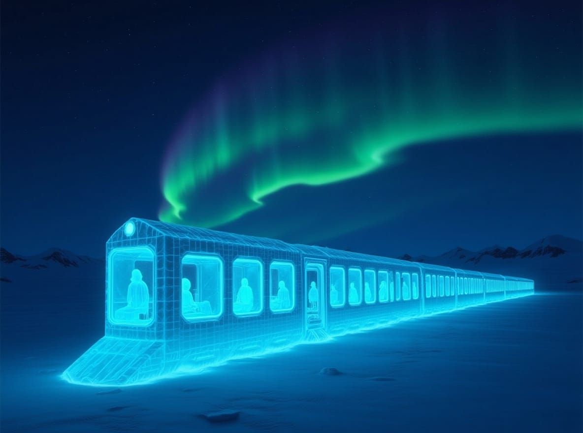 Ethereal Ice Train Journeys Through Aurora-Lit Tundra