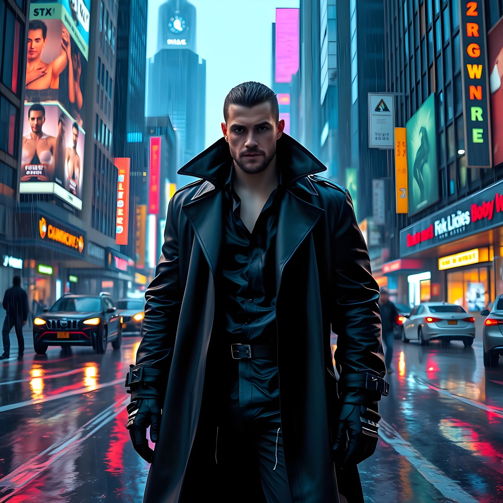 Confident Cyberpunk Hero Stands in Futuristic Metropolis