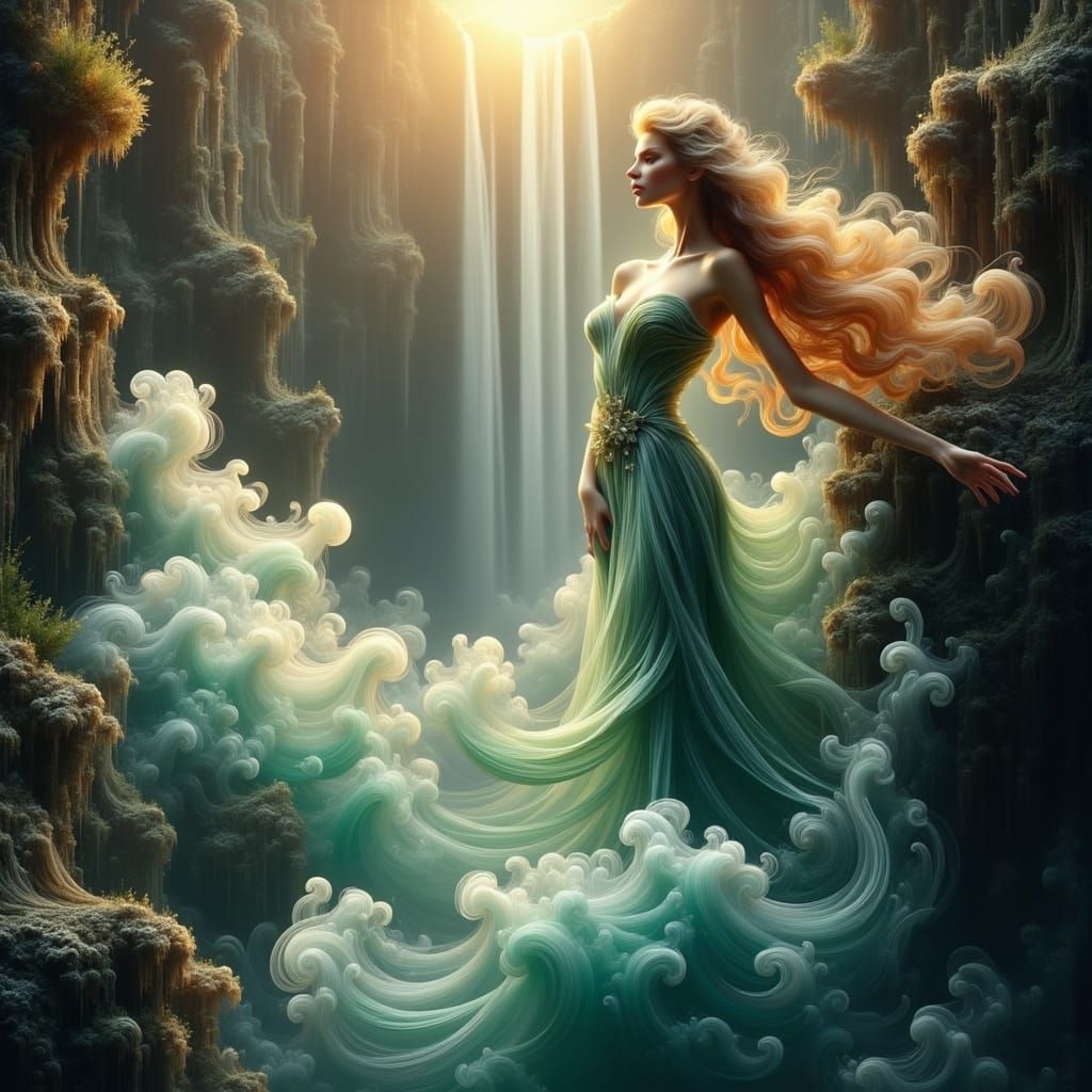 Ethereal Princess Perched on Cliff's Edge Above Vibrant Turq...