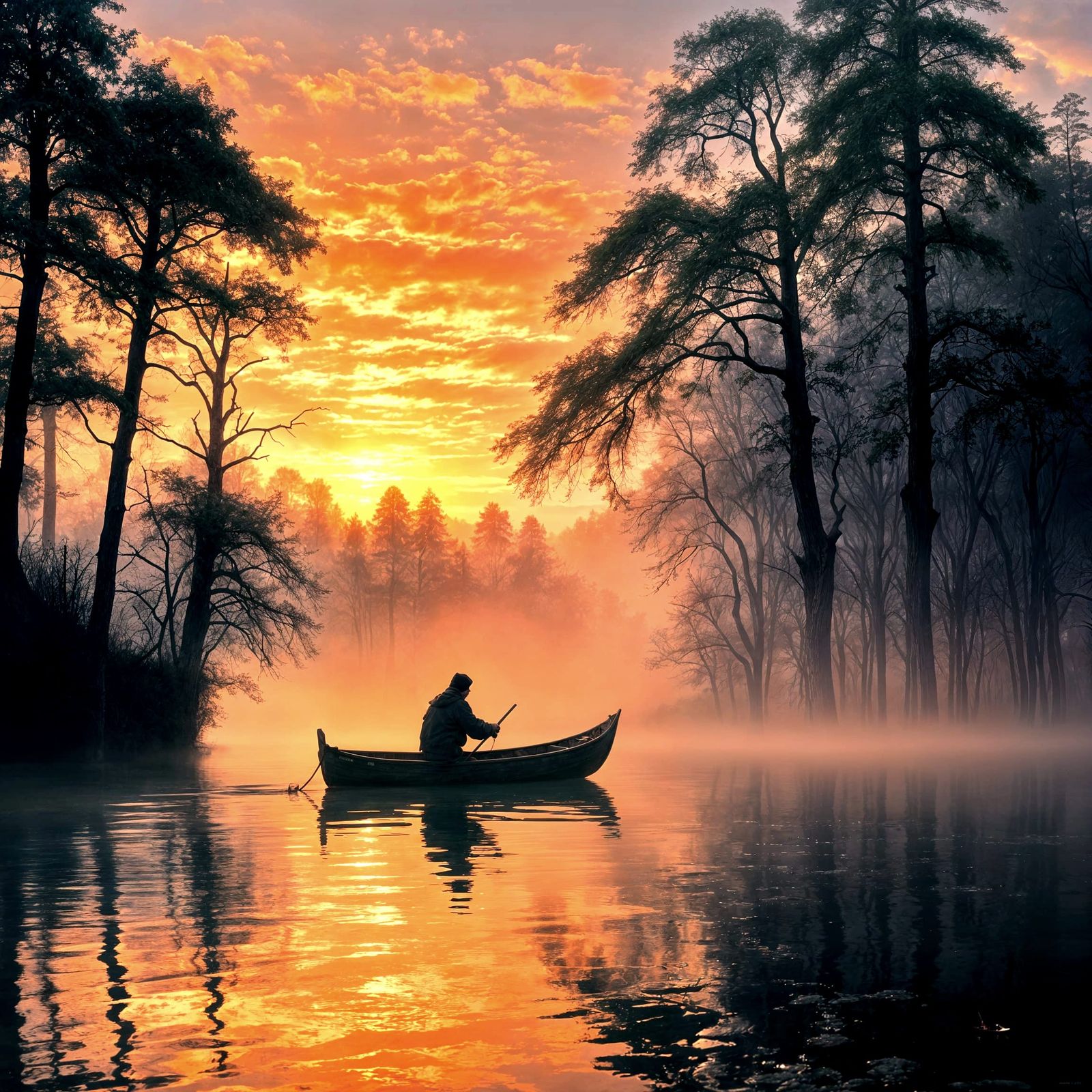 Foggy River Sunrise Oil Painting in Impressionist Style