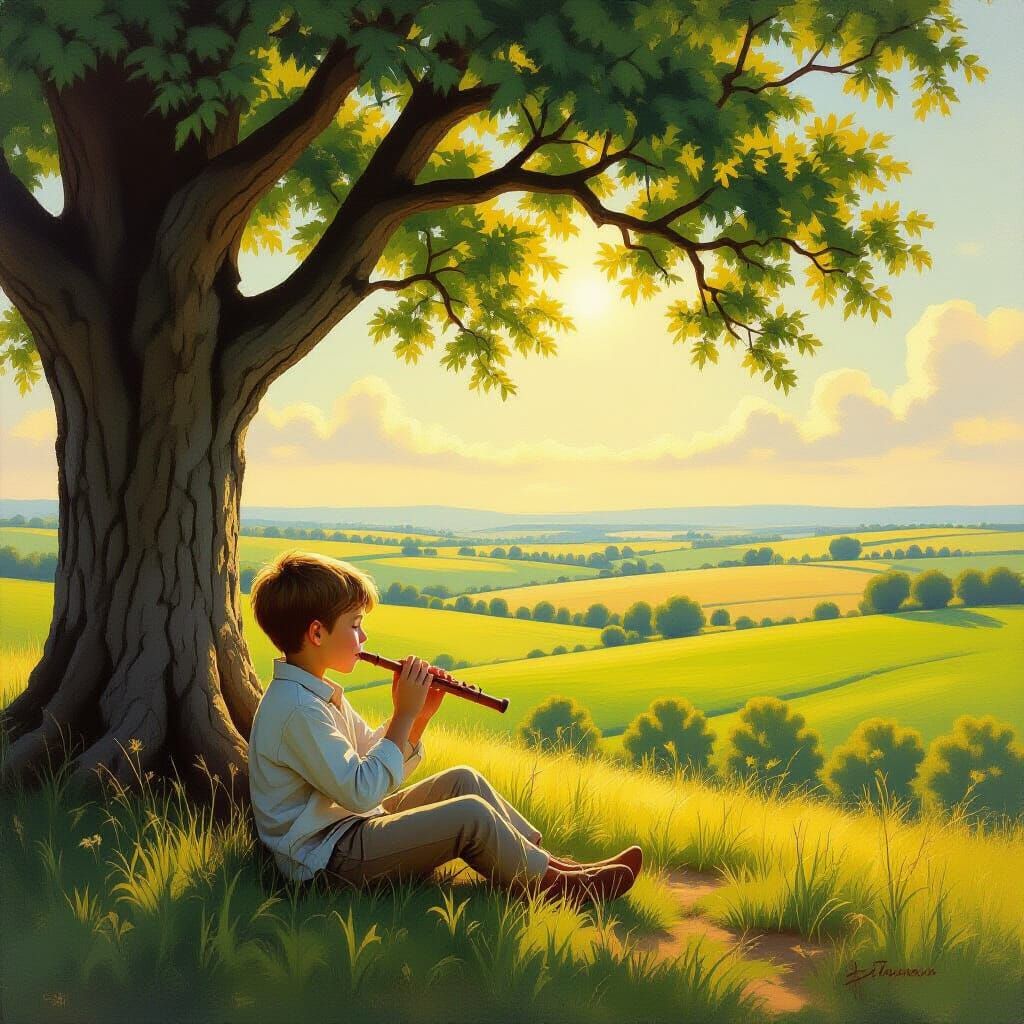 Boy Playing Flute Under Tree: Oil Painting