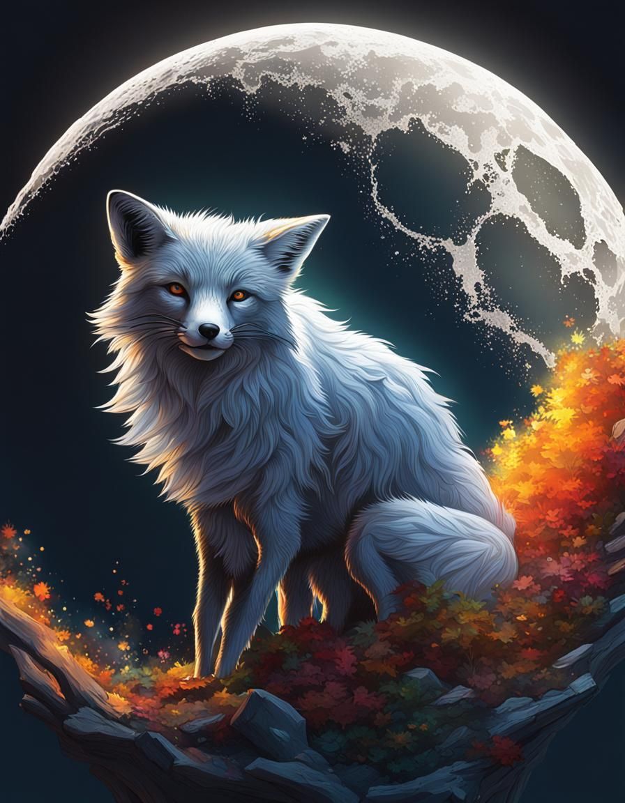 Fox in Silver Moonlight: Hyperrealistic Splash Art