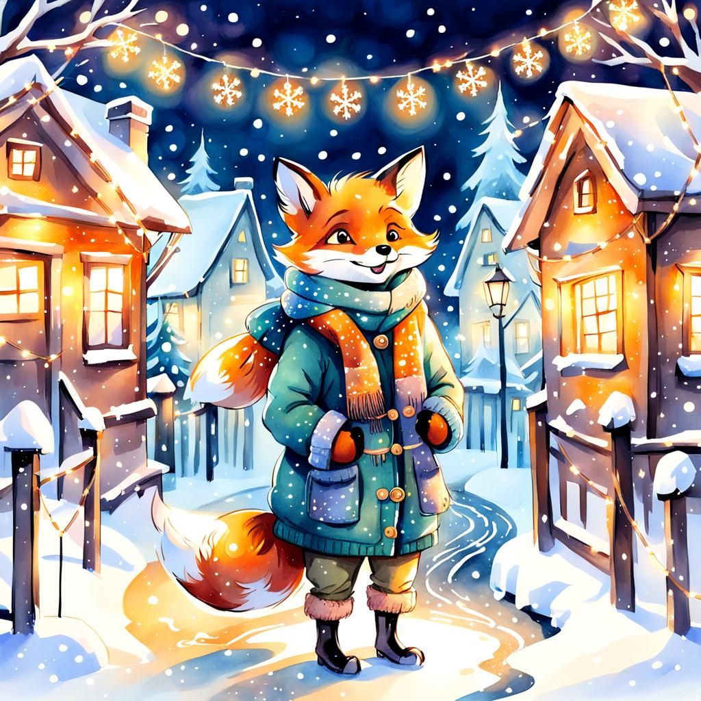Smiling Fox in Winter Clothes: Watercolor Christmas Scene