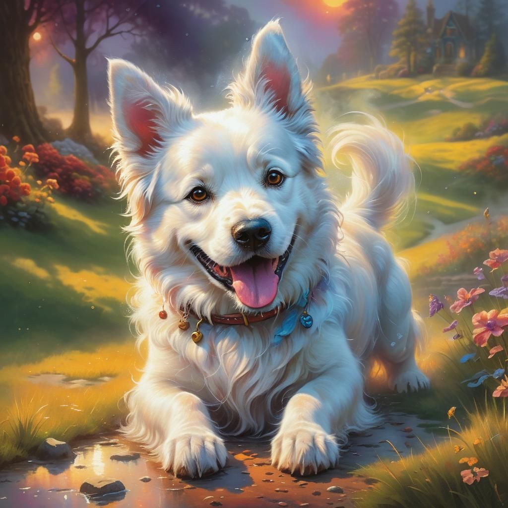 Happy Dog Playing at Sunset in Ethereal Style