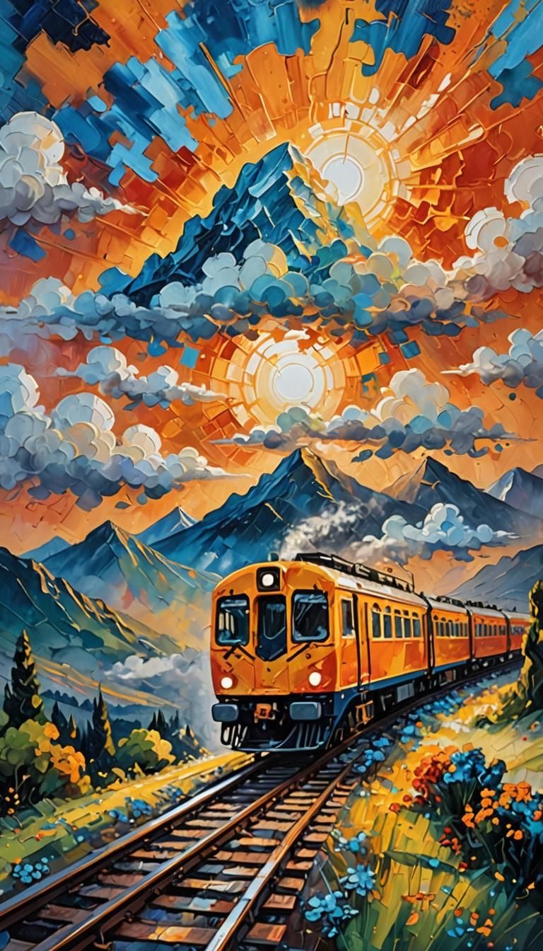Glowing Train Over Mount Olympus as Impasto Oil Painting