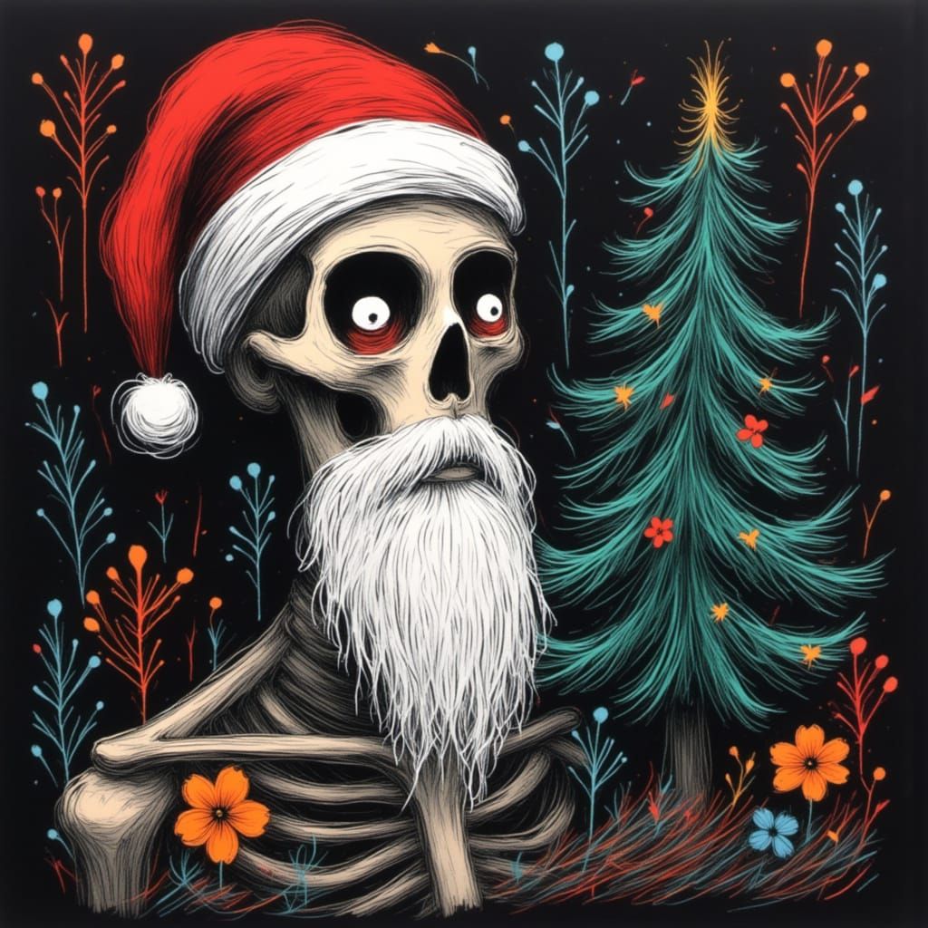 Skeleton Santa in Crypt with Christmas Hat