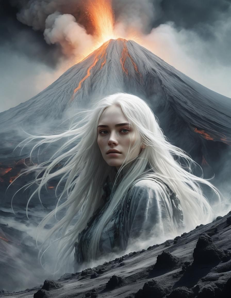 Fantasy Girl in Volcano Crater, Double Exposure Painting