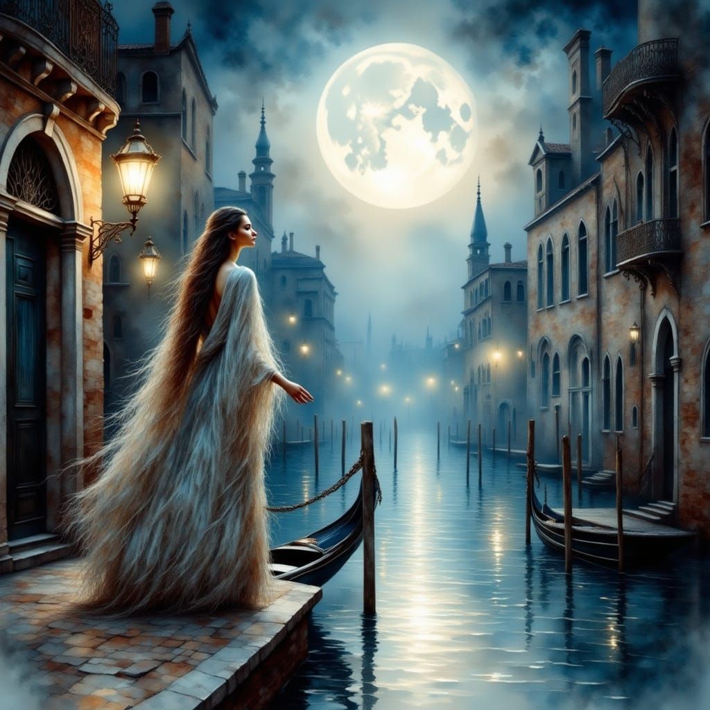 Moonlit Watercolor of a Woman in Venice