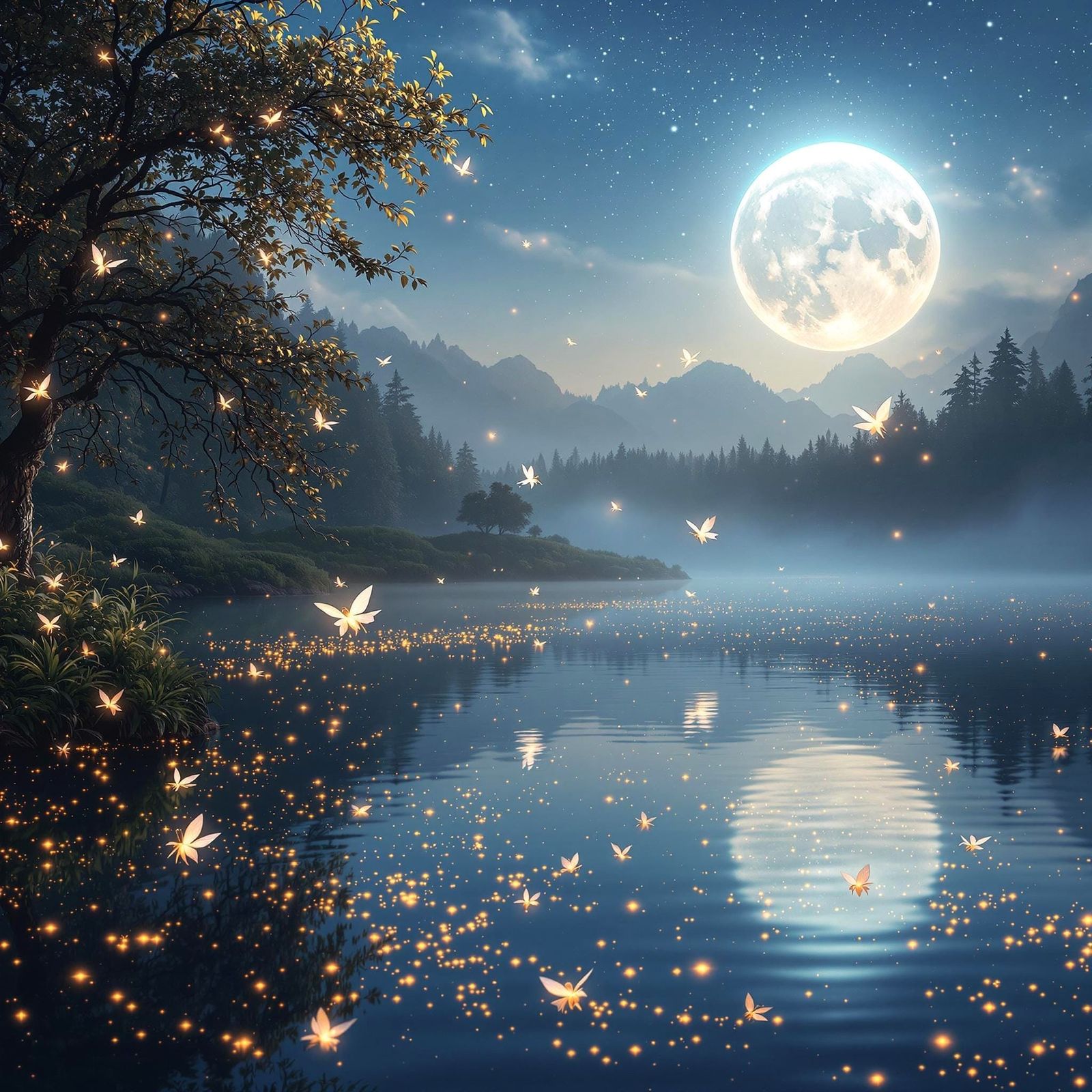 Moonlit Fairy Dance Above Serene Lake