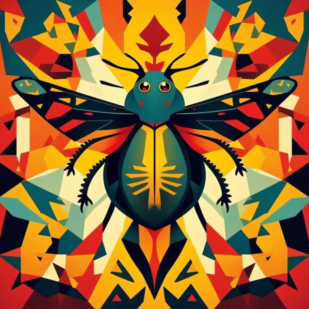 Whimsical Lightning Bug in Vibrant Bauhaus-Inspired Scene