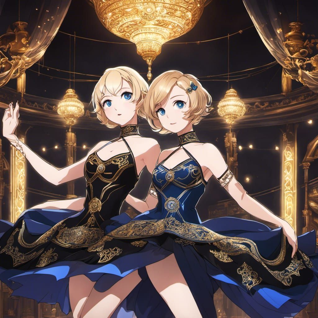 Anime Portrait of Two Women Dancing on Stage