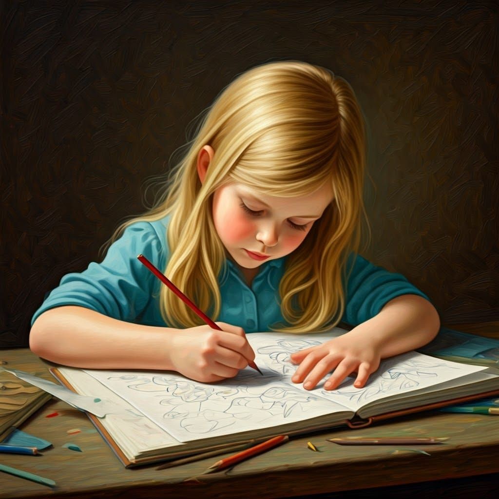 Girl Coloring Book, Oil Painting Style