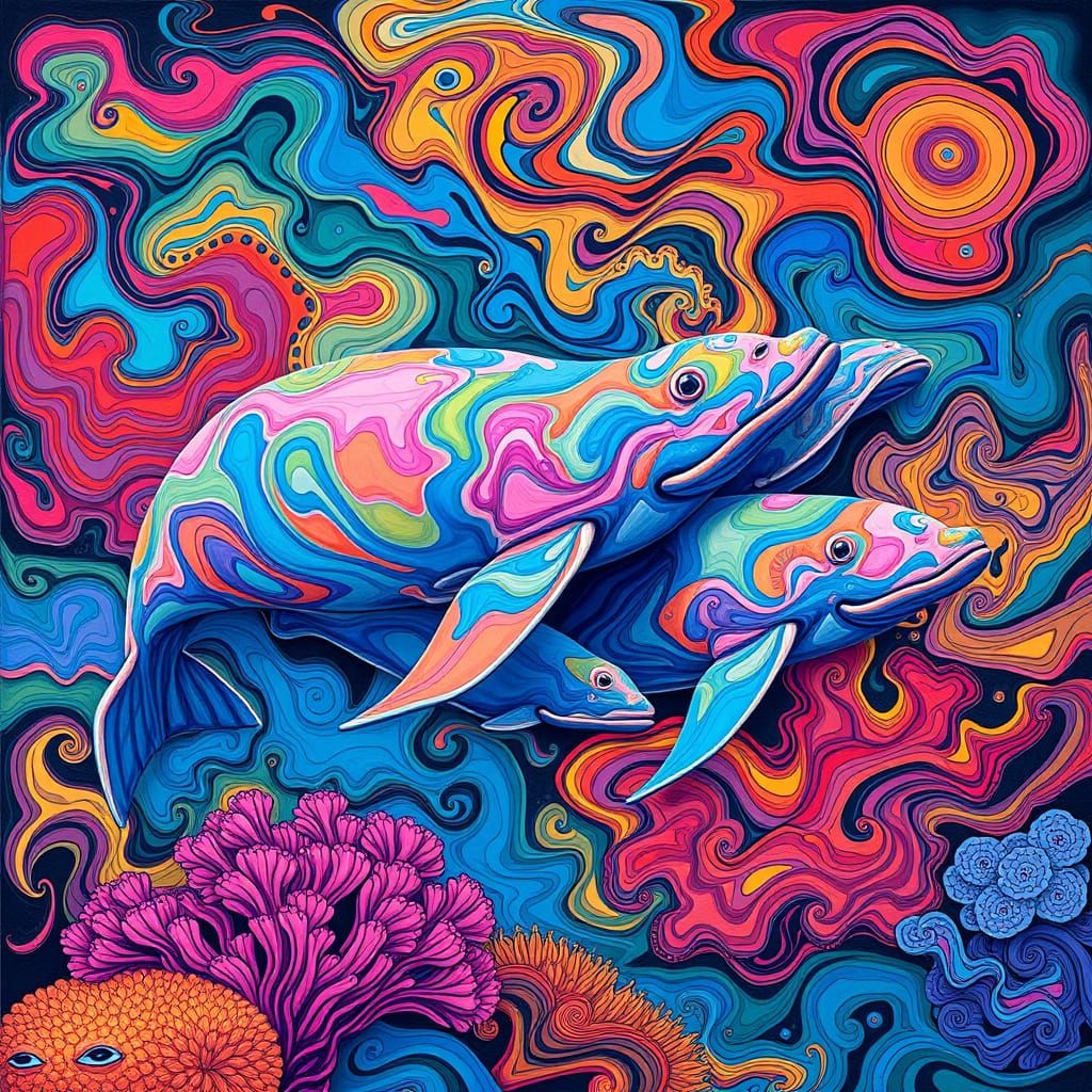 Dugongs in Vibrant Aquarium with Geometric Patterns