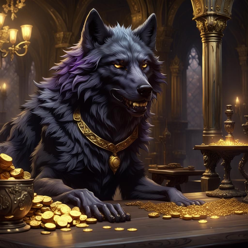 Black Wolf Counting Gold: Dark Fantasy Art