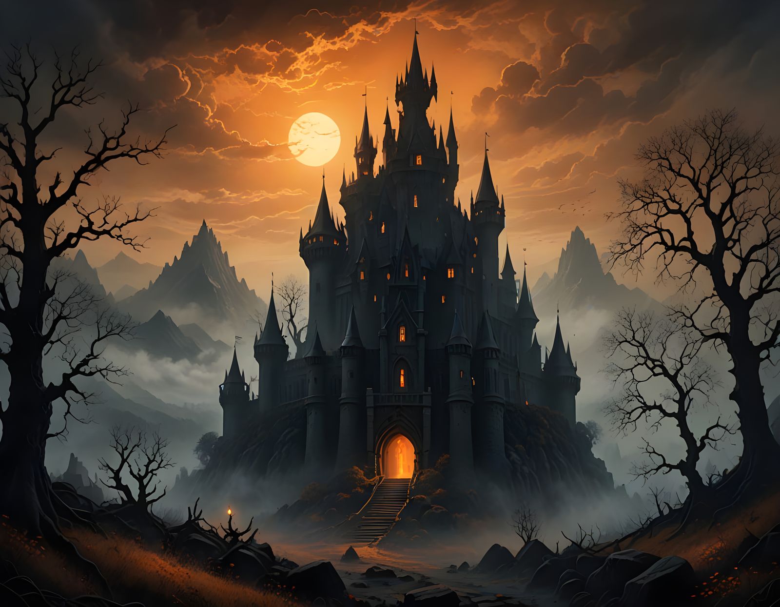 Gothic Castle Shrouded in Misty Eerie Horror