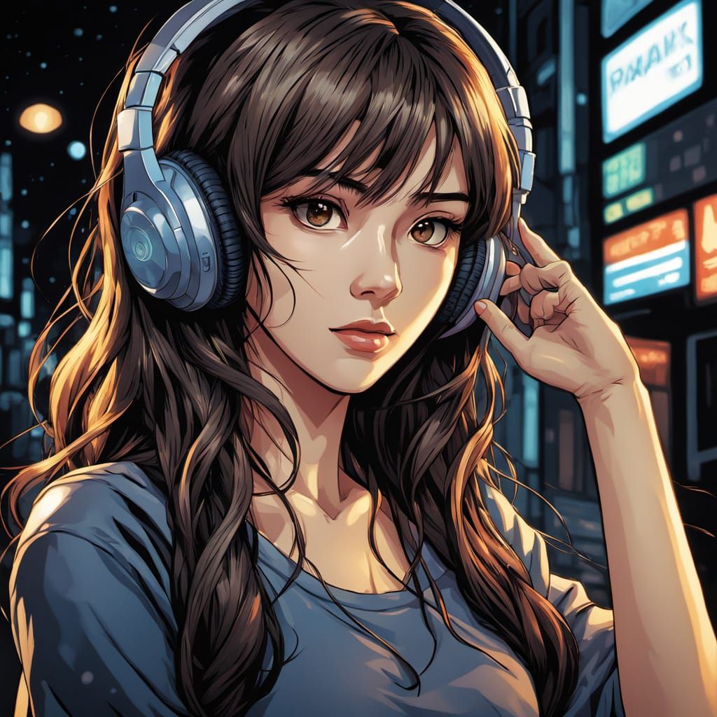 Anime Girl with Headphones on Bed in Manga Style