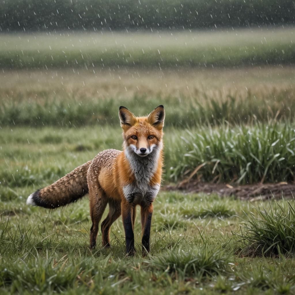 Fox in Rainy Field: Professional Photography