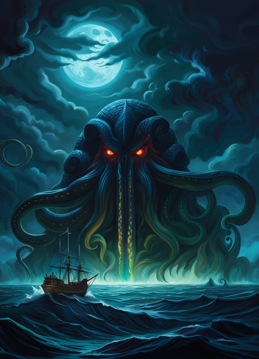 Giant Cthulhu Rises from Bloody Ocean