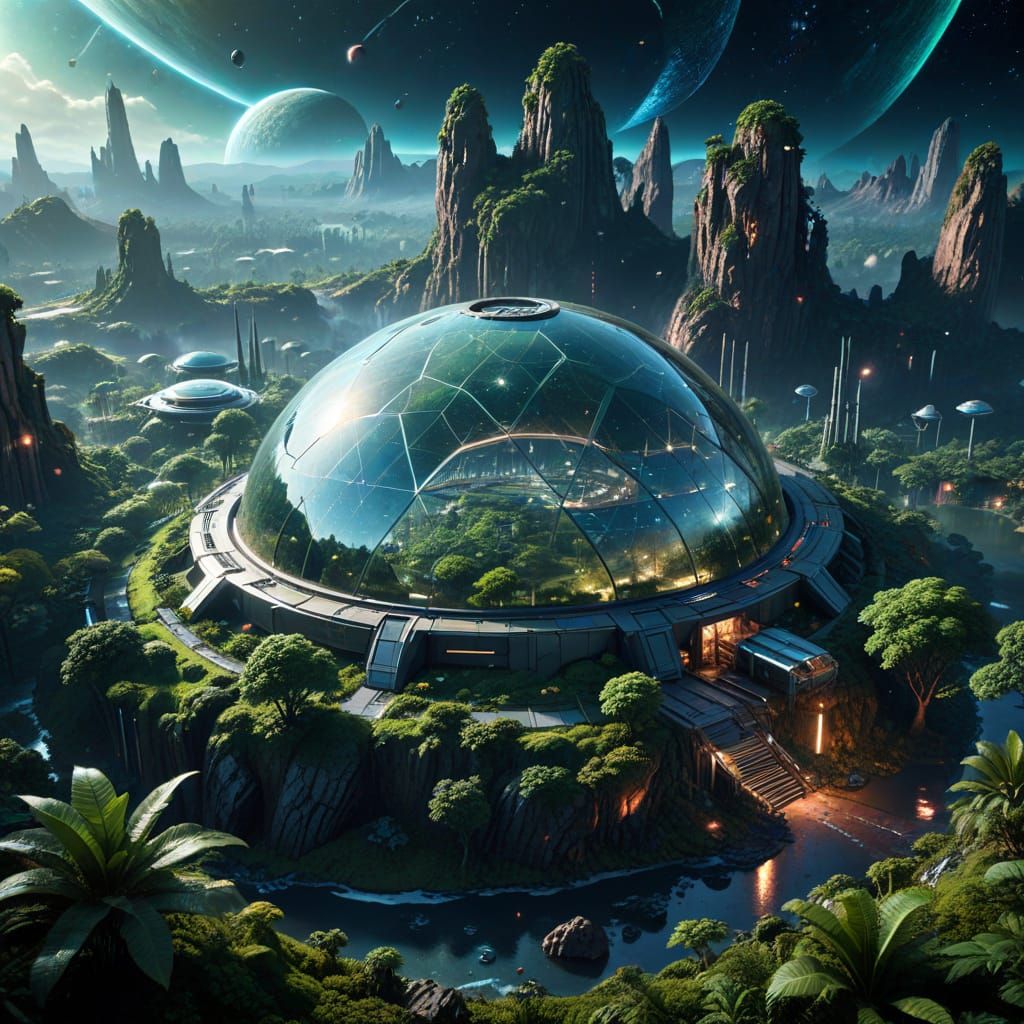 Distant Futuristic Oasis Under Celestial Dome