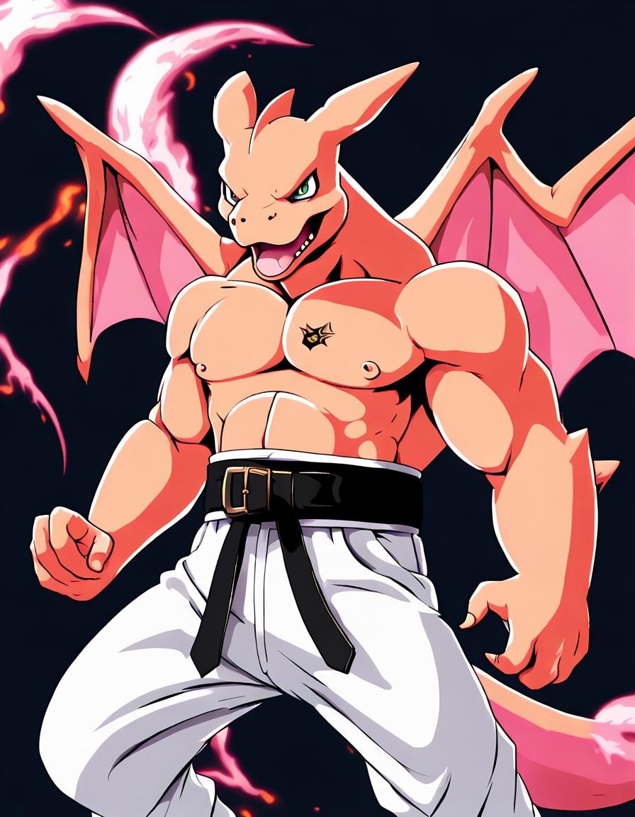 Mischievous Majin Buu Charizard Hybrid in Anime Style