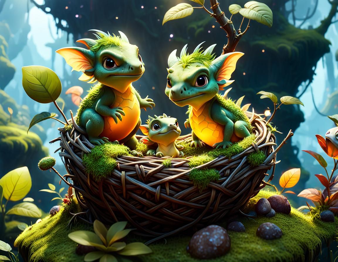 Crystal Dragon Nest with Baby Dragons: 3D Digital Art