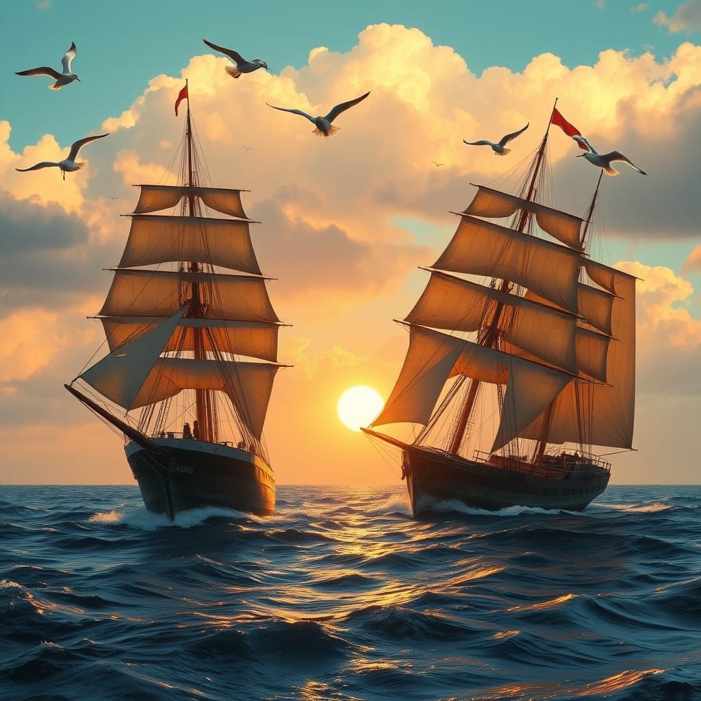 Majestic 19th-Century Cargo Ships Set Against a Golden Sunse...