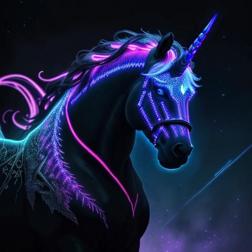 Demonic Robotic Yarn Unicorn with Bioluminescent Symbols